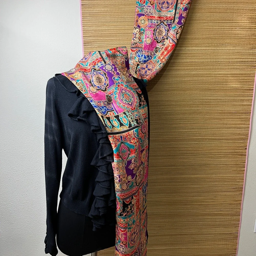 Long Satin jacquard scarf Jewel tones, two fabric pc sewn together Silk Blend - Picture 3 of 5